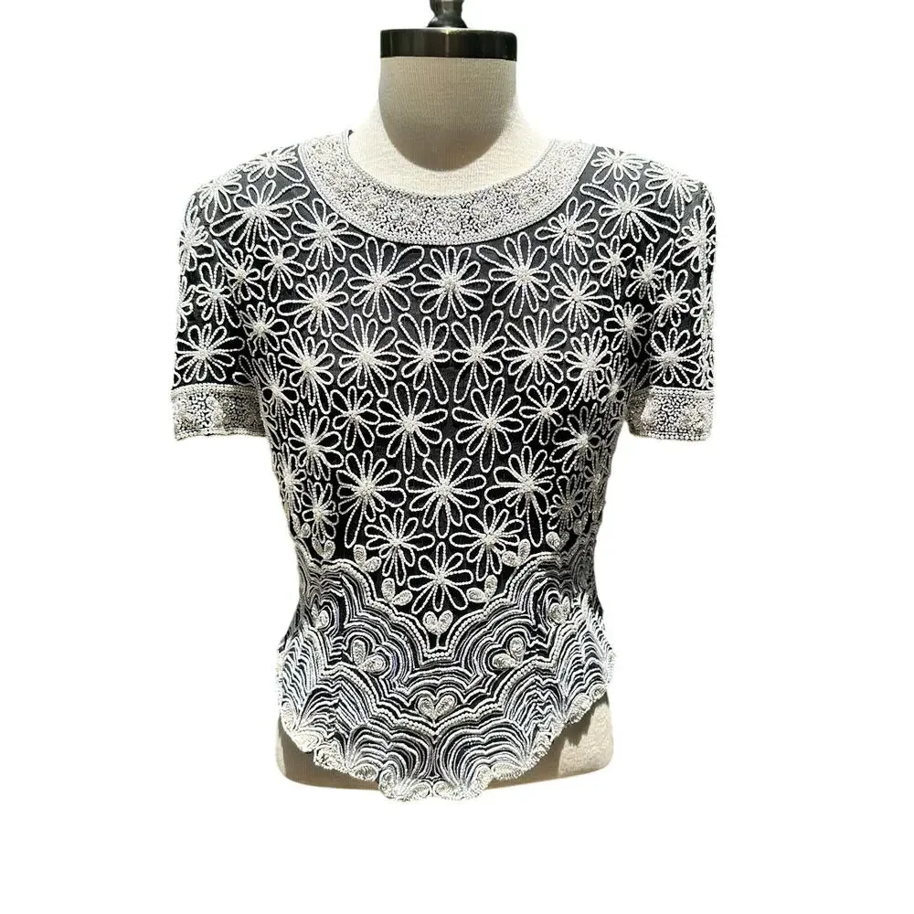 Papell Boutique Evening Women’s Black Floral Beads & Pearls V-Hem Blouse Size L